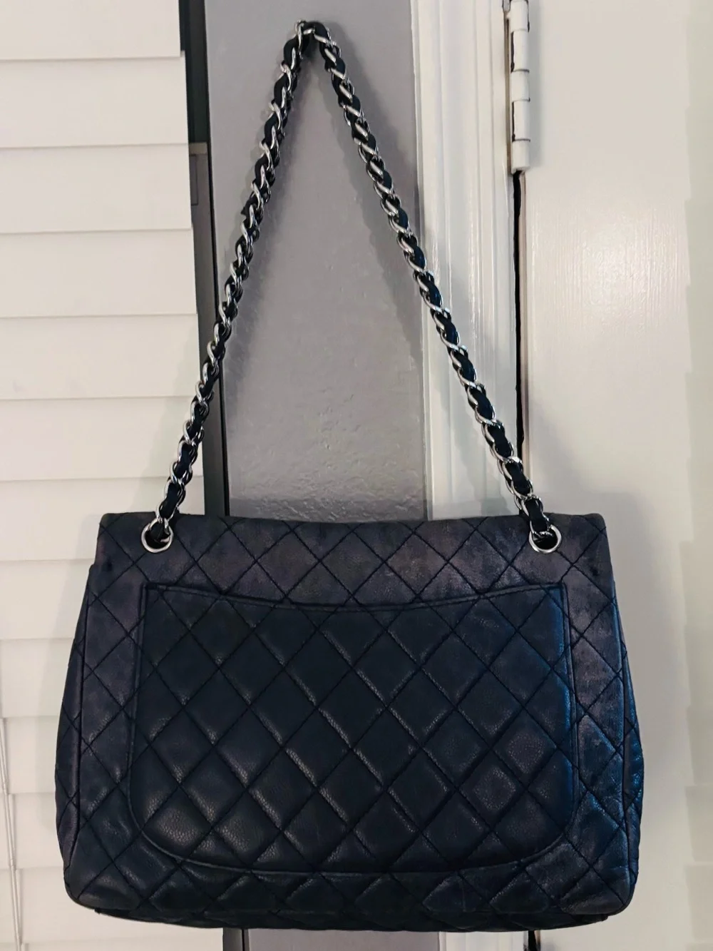 CHANEL vintage Maxi Classic Flap Navy Caviar Leather w/ Silver Hardware